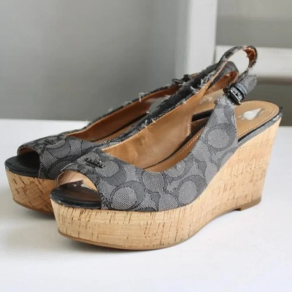 Coach Ferry Grey Logo Jacquard Tan Cork Wedge Slingback Sandal Heels Size 6.5 - Picture 2 of 8